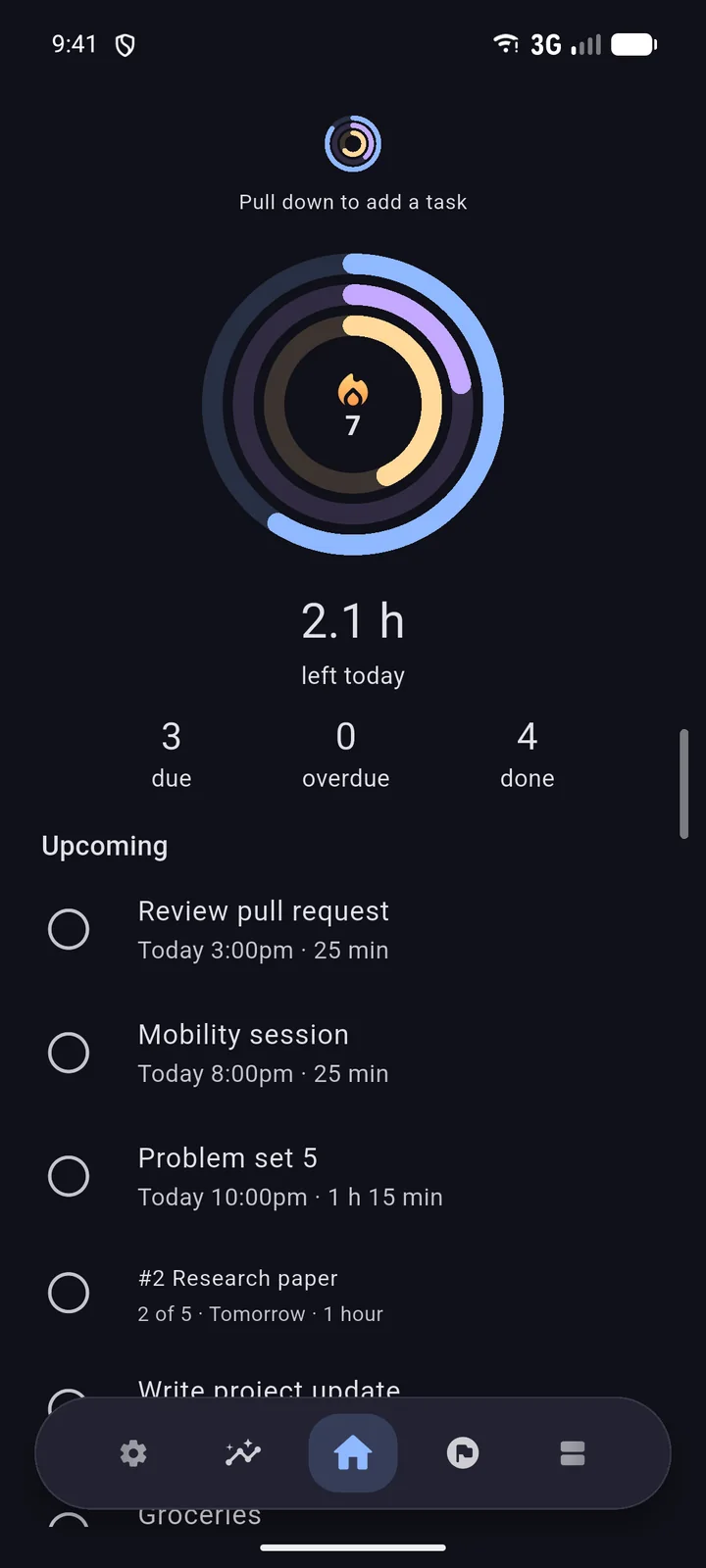 Kailos on Android: the activity rings with a seven-day streak in the middle, hours left today and the tasks coming up.