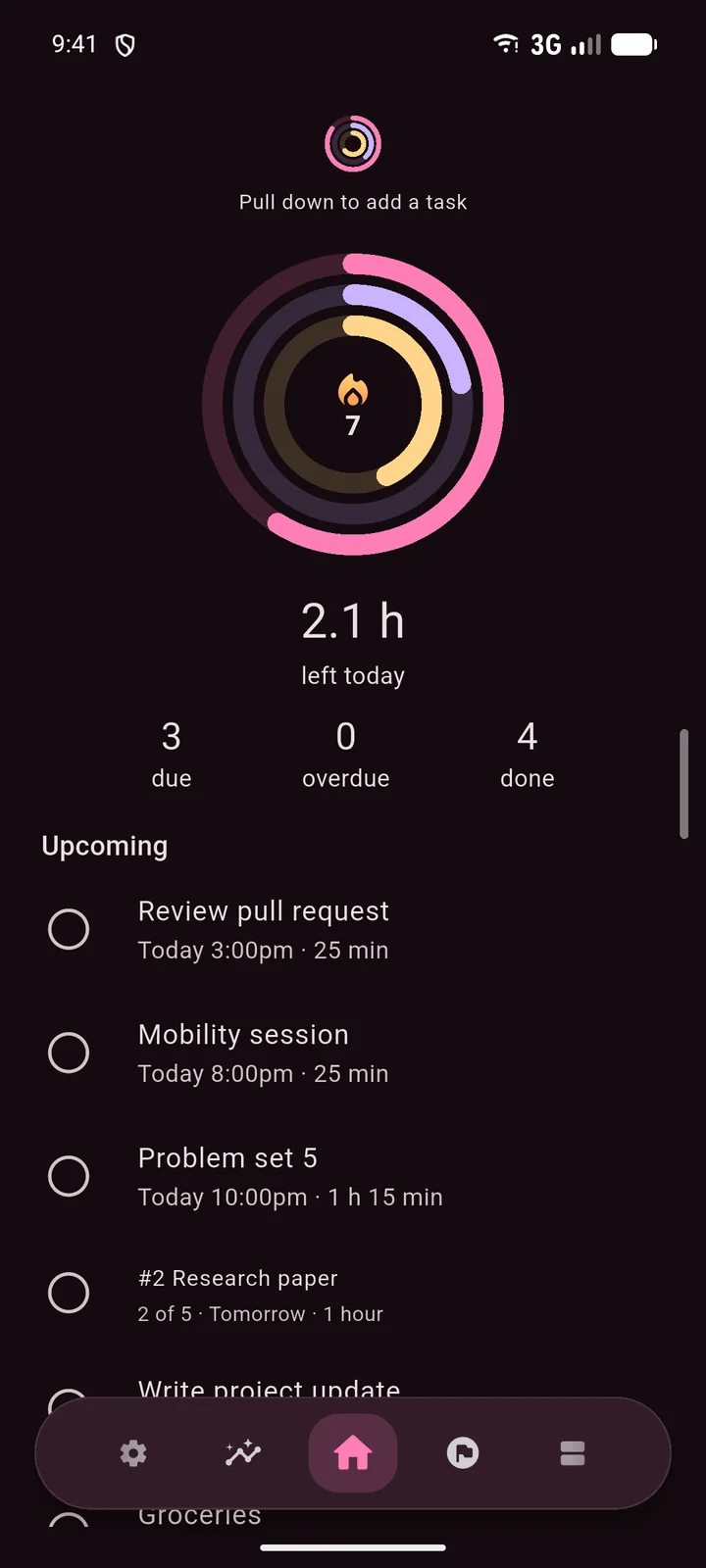 Home on Android in the Sakura theme, pink and plum.