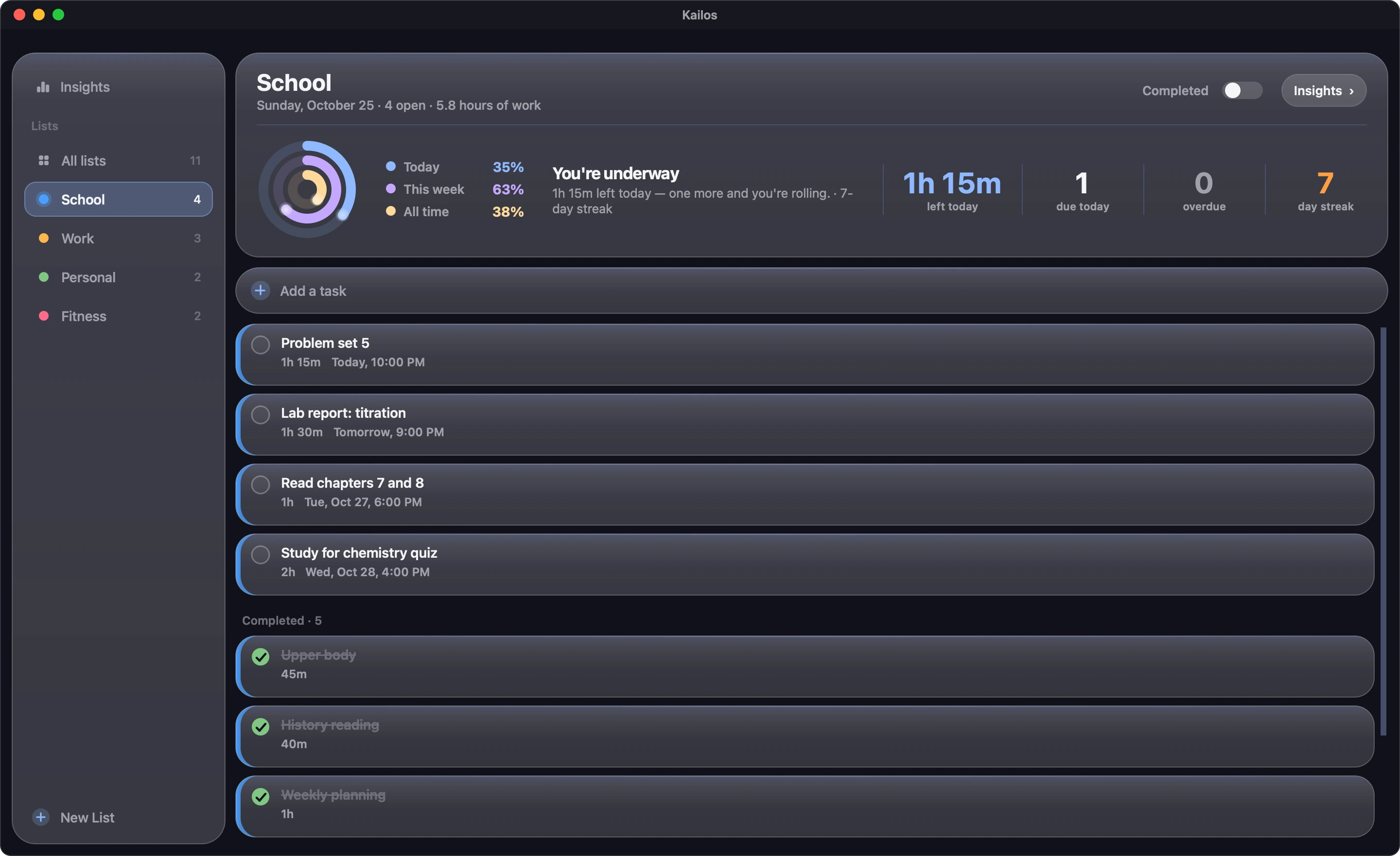 A single list with its summary rings and tasks.