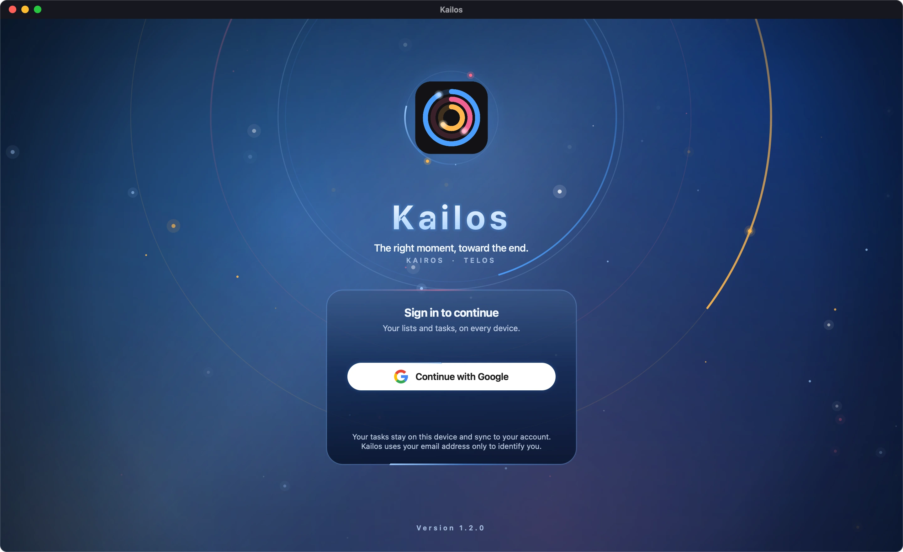 The Kailos sign-in page with a Continue with Google button.